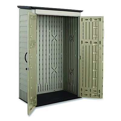 Rubbermaid Vertical Storage Shed, 53 cu ft, 2.5 ft x 4 ft x 7 ft, Sandstone/Faint Maple (5L3000SDONX)