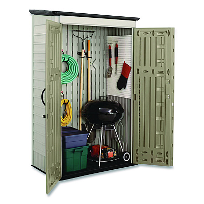 Rubbermaid Vertical Storage Shed, 53 cu ft, 2.5 ft x 4 ft x 7 ft, Sandstone/Faint Maple (5L3000SDONX)