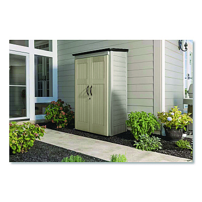 Rubbermaid Vertical Storage Shed, 53 cu ft, 2.5 ft x 4 ft x 7 ft, Sandstone/Faint Maple (5L3000SDONX)