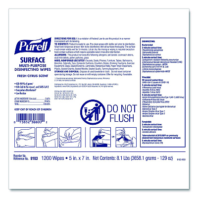 PURELL Surface Multi-Purpose Disinfecting Wipes, 1-Ply, 5 x 7, Fresh Citrus, White, 2/Carton (910302CT)
