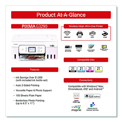 Canon MegaTank PIXMA G3290 All-in-One Wireless Inkjet Printer,  Copy/Print/Scan (6706C022)