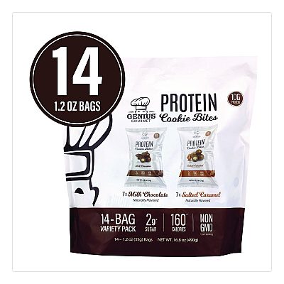 Genius Gourmet Protein Cookie Bites Variety Pack, Salted Caramel and Milk Chocolate, 1.2 oz Bag, 14/Box (22002521)