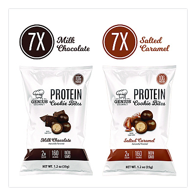Genius Gourmet Protein Cookie Bites Variety Pack, Salted Caramel and Milk Chocolate, 1.2 oz Bag, 14/Box (22002521)