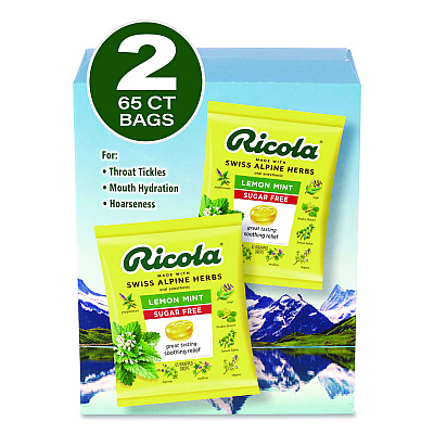 Ricola Sugar-Free Lemon Mint Herb Throat Drops, 65/Bag, 2 Bags/Pack (22002531)