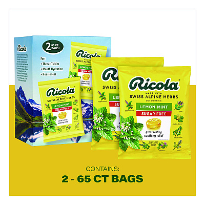 Ricola Sugar-Free Lemon Mint Herb Throat Drops, 65/Bag, 2 Bags/Pack (22002531)