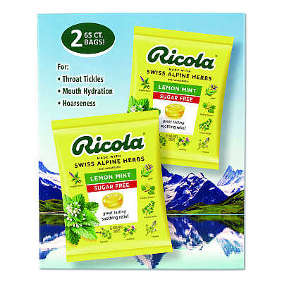 Ricola Sugar-Free Lemon Mint Herb Throat Drops, 65/Bag, 2 Bags/Pack (22002531)