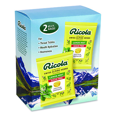 Ricola Sugar-Free Lemon Mint Herb Throat Drops, 65/Bag, 2 Bags/Pack (22002531)