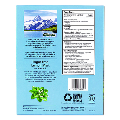 Ricola Sugar-Free Lemon Mint Herb Throat Drops, 65/Bag, 2 Bags/Pack (22002531)