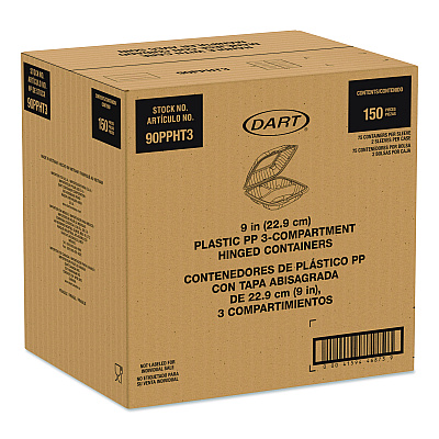 Dart Microwaveable Hinged Containers, ProPlanet, 3 Compartments, 9 x 8.75 x 3, Clear, Plastic,150/Carton (90PPHT3)