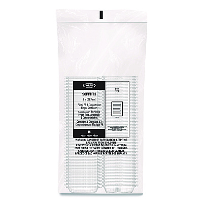 Dart Microwaveable Hinged Containers, ProPlanet, 3 Compartments, 9 x 8.75 x 3, Clear, Plastic,150/Carton (90PPHT3)