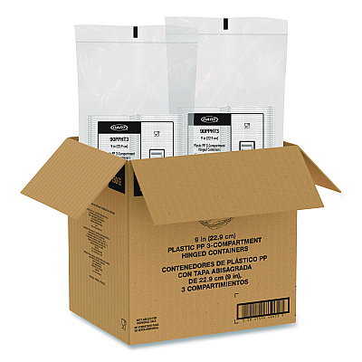 Dart Microwaveable Hinged Containers, ProPlanet, 3 Compartments, 9 x 8.75 x 3, Clear, Plastic,150/Carton (90PPHT3)
