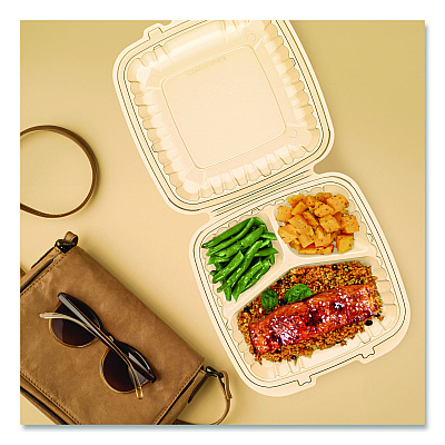 Dart Microwaveable Hinged Containers, ProPlanet, 3 Compartments, 9 x 8.75 x 3, Clear, Plastic,150/Carton (90PPHT3)