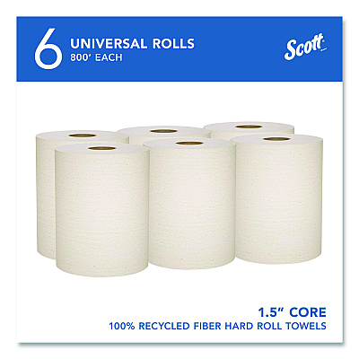 Scott Essential 100% Recycled Fiber Hard Roll Towel, 1-Ply, 8" x 800 ft, 1.5" Core, Brown, 6 Rolls/Carton (56758)