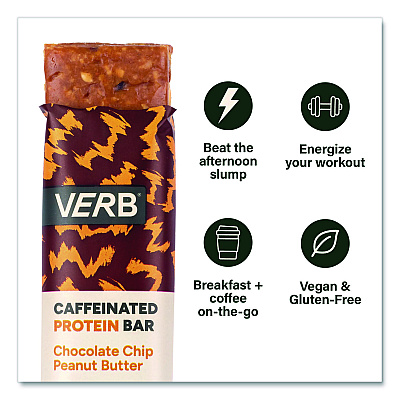 VERB Energy Caffeinated Protein Bar, Chocolate Chip Peanut Butter, 1.8 oz Bar, 12/Box (22002522)