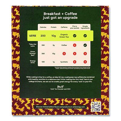 VERB Energy Caffeinated Protein Bar, Chocolate Chip Peanut Butter, 1.8 oz Bar, 12/Box (22002522)