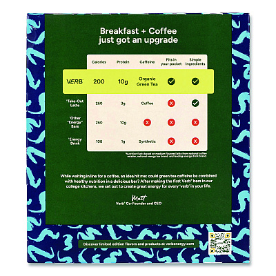 VERB Energy Caffeinated Protein Bar, Oatmeal Chocolate Chip, 1.8 oz Bar, 12/Box (22002523)