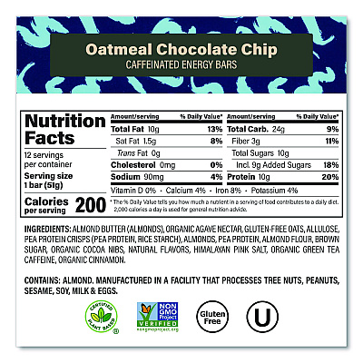 VERB Energy Caffeinated Protein Bar, Oatmeal Chocolate Chip, 1.8 oz Bar, 12/Box (22002523)