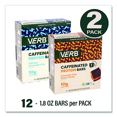 VERB Energy Caffeinated Protein Bar, Chocolate Chip Peanut Butter and Oatmeal Chocolate Chip, 1.8 oz Bar, 24/Box (60004177)