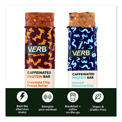 VERB Energy Caffeinated Protein Bar, Chocolate Chip Peanut Butter and Oatmeal Chocolate Chip, 1.8 oz Bar, 24/Box (60004177)