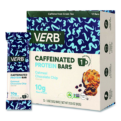 VERB Energy Caffeinated Protein Bar, Chocolate Chip Peanut Butter and Oatmeal Chocolate Chip, 1.8 oz Bar, 24/Box (60004177)