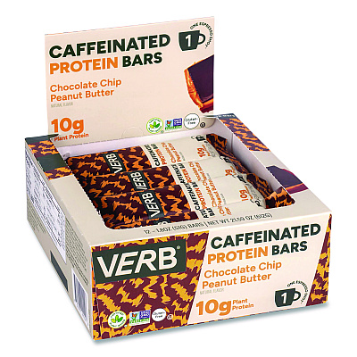 VERB Energy Caffeinated Protein Bar, Chocolate Chip Peanut Butter and Oatmeal Chocolate Chip, 1.8 oz Bar, 24/Box (60004177)