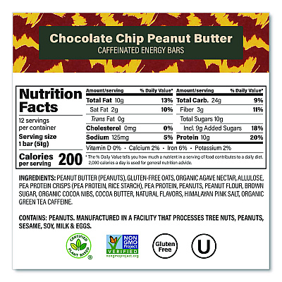 VERB Energy Caffeinated Protein Bar, Chocolate Chip Peanut Butter and Oatmeal Chocolate Chip, 1.8 oz Bar, 24/Box (60004177)