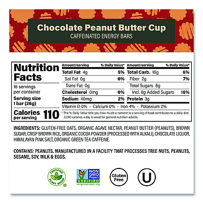 VERB Energy Caffeinated Energy Bar, Chocolate Peanut Butter Cup, 0.92 oz Bar, 16/Box (22002524)