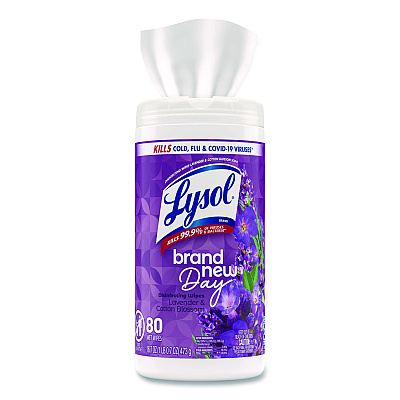 LYSOL Disinfecting Wipes, 1-Ply, 7 x 7.25, Lavender and Cotton Blossom, White, 80 Wipes/Canister, 6 Canisters/Carton (56264CT)
