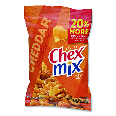 Chex Mix Snacks, Cheddar, 4.5 oz Bag, 8/Carton (SN21553)
