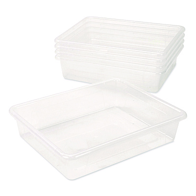 Storex Storage Tray, Flat, 1.69 gal, 10.65" x 13.17" x 2.96", Translucent, 5/Pack (62565U05C)
