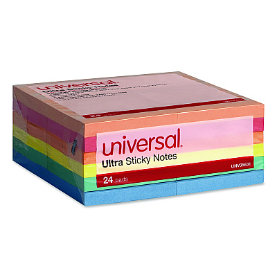 Universal Ultra Sticky Note Pads, 3" x 3", Assorted, 100 Sheets/Pad, 24 Pads/Pack (35631)