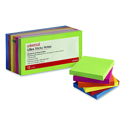 Universal Ultra Sticky Note Pads, 3" x 3", Assorted, 100 Sheets/Pad, 12 Pads/Pack (35632)