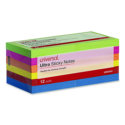 Universal Ultra Sticky Note Pads, 3" x 3", Assorted, 100 Sheets/Pad, 12 Pads/Pack (35632)