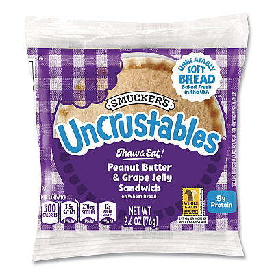 Smucker's UNCRUSTABLES Peanut Butter and Grape Jelly on Wheat Bread, 2.6 oz Bag, 48/Carton (22002219)