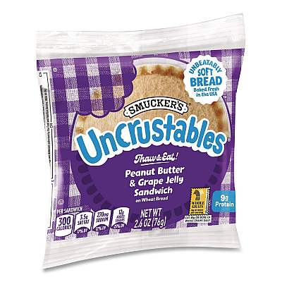 Smucker's UNCRUSTABLES Peanut Butter and Grape Jelly on Wheat Bread, 2.6 oz Bag, 48/Carton (22002219)