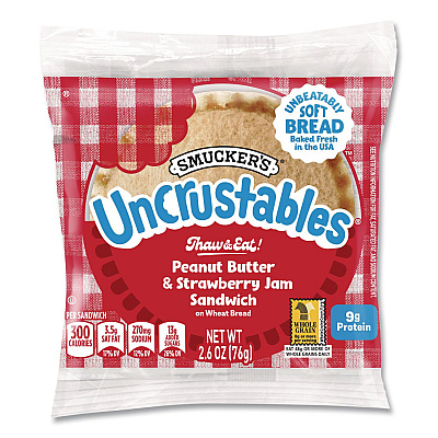 Smucker's UNCRUSTABLES Peanut Butter and Strawberry Jam on Wheat Bread, 2.6 oz Bag, 48/Carton (22002220)