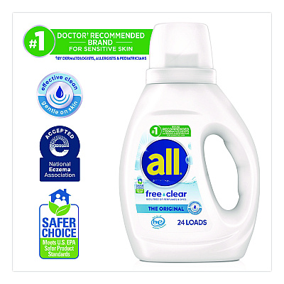 All Free Clear HE Laundry Detergent, 24 Loads, Unscented, 30 oz Bottle, 6/Carton (47427)
