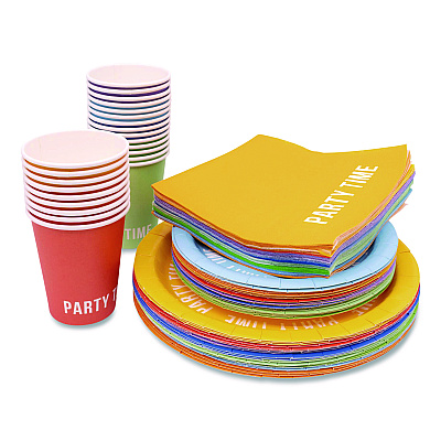 PUKKA PAD Birthday Tableware Pack, 24 Cups, 24 Dessert Plates, 24 Dinner Plates, 48 Paper Napkins, Assorted Colors, 120 Pieces/Kit (640)