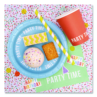 PUKKA PAD Birthday Tableware Pack, 24 Cups, 24 Dessert Plates, 24 Dinner Plates, 48 Paper Napkins, Assorted Colors, 120 Pieces/Kit (640)