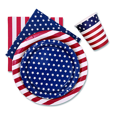 PUKKA PAD Stars and Stripes Tableware Pack, 16 Cups,16 Dessert Plates,16 Dinner Plates, 24 Paper Napkins, Blue/Red/White, 72 Pieces/Kit (642)