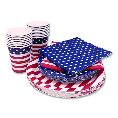 PUKKA PAD Stars and Stripes Tableware Pack, 16 Cups,16 Dessert Plates,16 Dinner Plates, 24 Paper Napkins, Blue/Red/White, 72 Pieces/Kit (642)