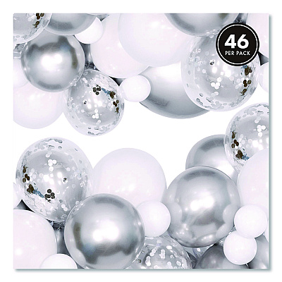 PUKKA PAD Silver and White Balloon Arch/Garland Party Pack, 46 Balloons, Balloon Strip, 2 Garlands, Glue Dots, Let's Celebrate Message (650)