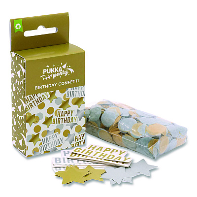 PUKKA PAD Gold and Silver Birthday Confetti, Circles, Stars, Happy Birthday Shaped, 1 x 2, Gold/Silver, 3/Pack, 2 Packs/Box (658)
