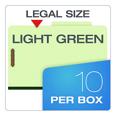 Pendaflex Colored Pressboard Top Tab Classification Folders, 2.5" Expansion, 2 Dividers, 6 Fasteners, Legal Size, Light Green, 10/Box (17176EE)