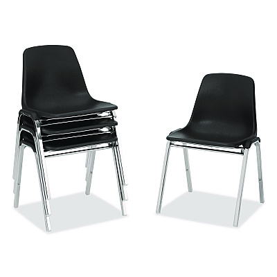 NPS 8100 Series Poly Shell Stacking Chair, Supports Up to 500 lb, 18" Seat Height, Black Seat, Black Back, Chrome Base, 4/Carton (81104)