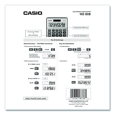 Casio MS80B 8-Digit Battery and Solar Basic Calculator, LCD, Navy Blue (MS80BBU)