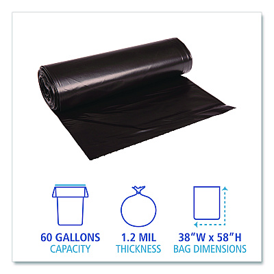 Boardwalk Reprocessed Resin Can Liners, 60 gal, 1.2 mil, 38 x 58, Black, 50 Bags/Carton (519E)