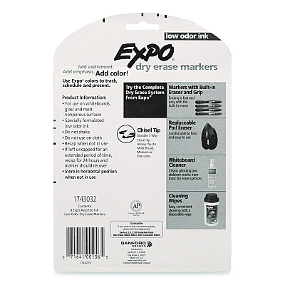EXPO Low-Odor Dry-Erase Markers, Broad Chisel Tip, Assorted Colors, 8/Pack (1743032)
