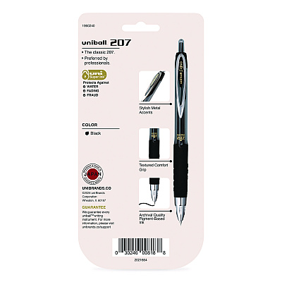uniball Signo 207 Gel Pen, Retractable, Fine 0.5 mm, Black Ink, Smoke/Black Barrel, 5/Pack (1960240)
