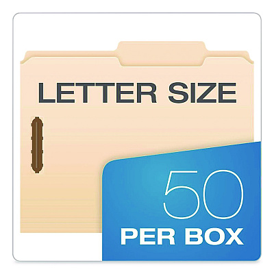 Pendaflex Manila Fastener Folders, 2/5-Cut Tabs, 0.75" Expansion, 2 Fasteners, Letter Size, Manila Exterior, 50/Box (24580)